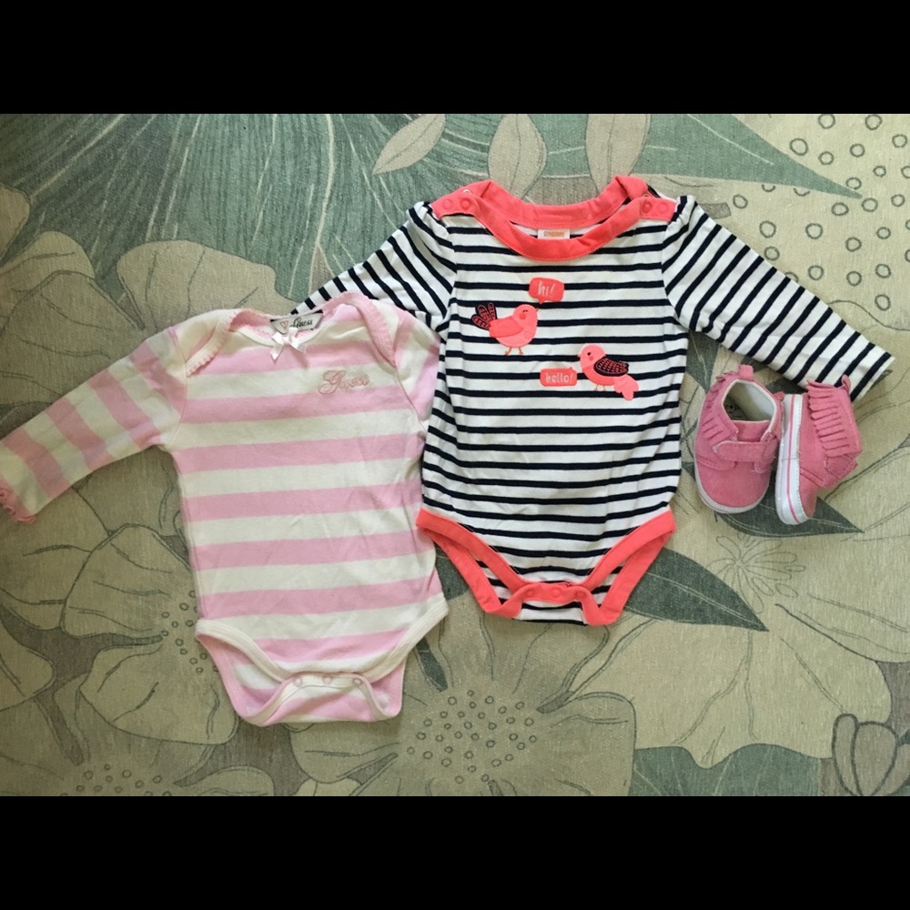3-6 month old set of onesies and moccasin sneakers